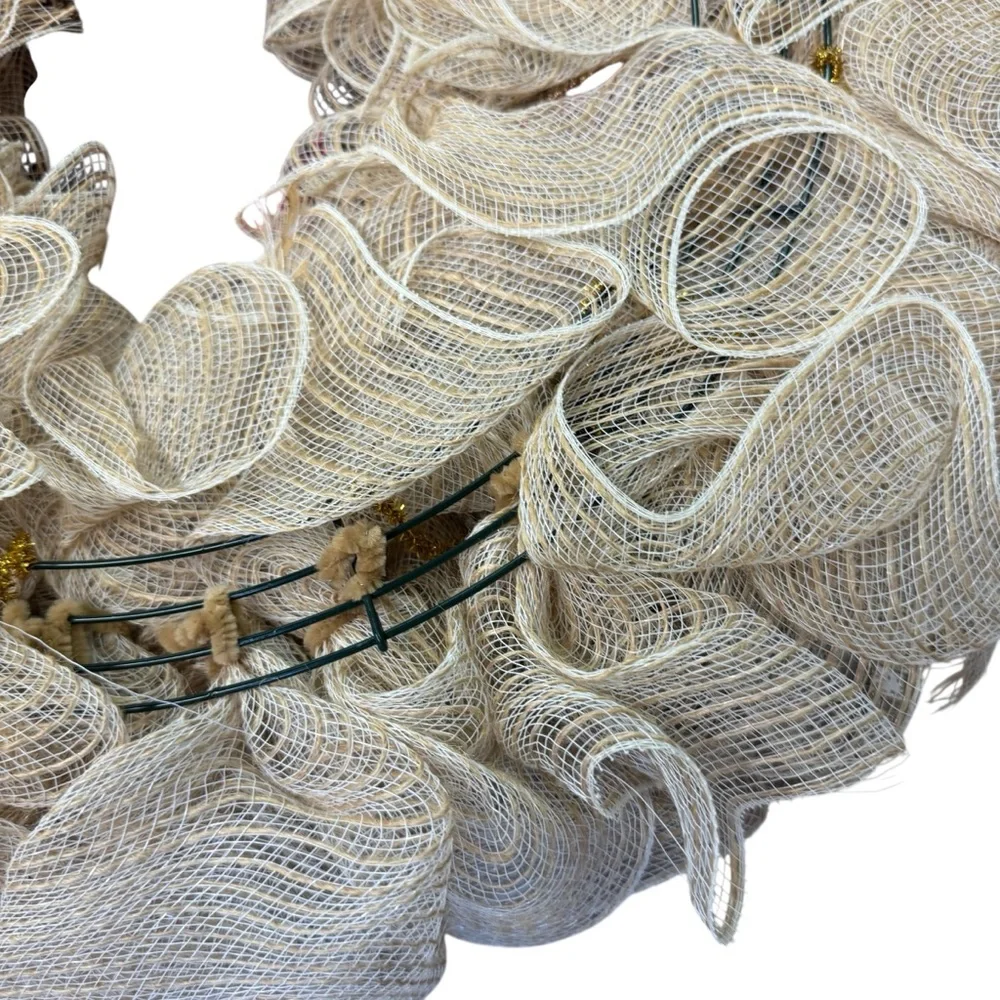 Handmade Rustic Reindeer Deco Mesh Wreath Cream, Red & Gold Holiday Decor 22